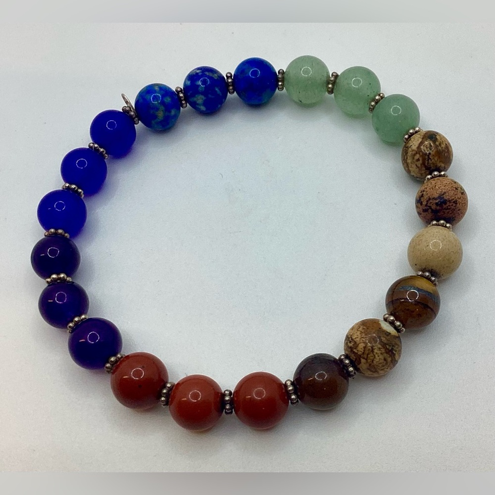 Vintage Sterling 925 Silver Chakra Color Gemstone stretch Bracelet made in India